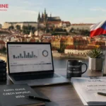 A professional accountant in Czech Republic reviewing financial documents and tax returns at a desk in Prague