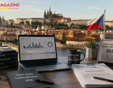 A professional accountant in Czech Republic reviewing financial documents and tax returns at a desk in Prague