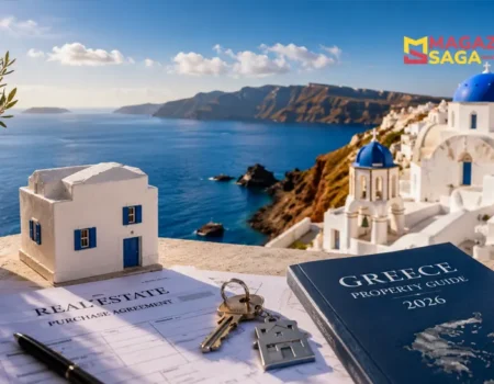 A guide on how to buy real estate in Greece showing property options and investment tips