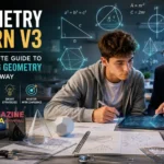 A student using Geometry Learn V3 on a tablet to practice geometric proofs and visual reasoning