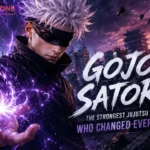 Gojo Satoru with his blindfold removed, showing his Six Eyes in Jujutsu Kaisen