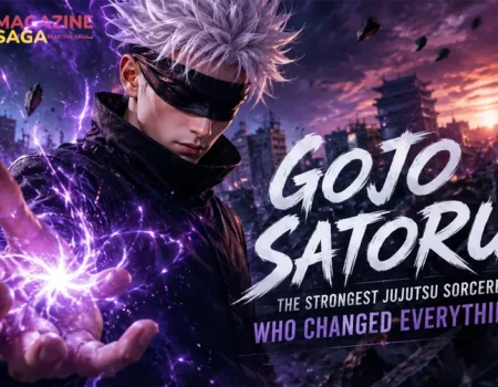 Gojo Satoru with his blindfold removed, showing his Six Eyes in Jujutsu Kaisen