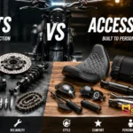 Motorcycle parts vs accessories comparison showing OEM components and aftermarket add-ons side by side