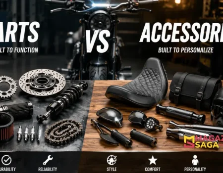 Motorcycle parts vs accessories comparison showing OEM components and aftermarket add-ons side by side