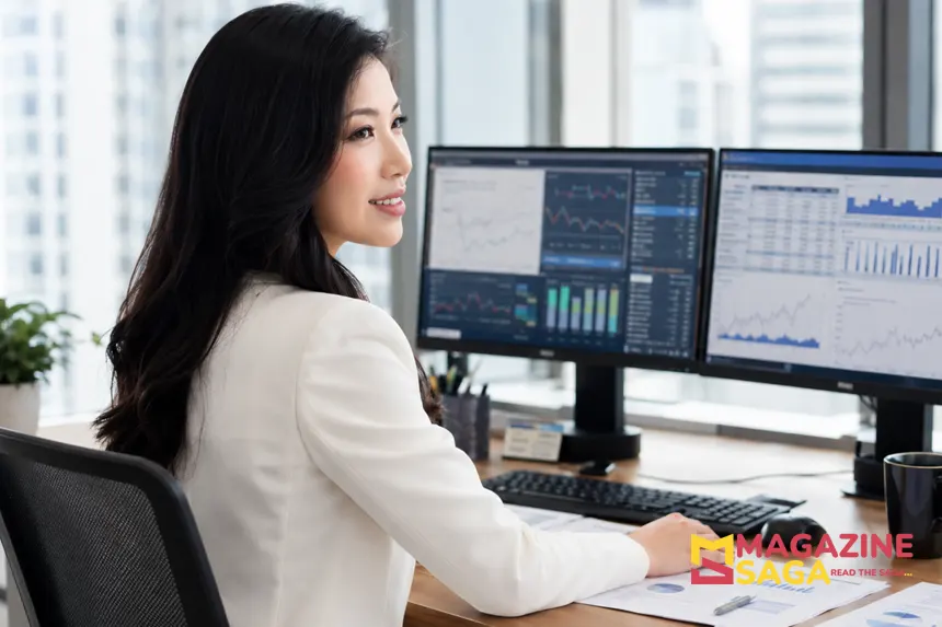 Professional finance analyst reviewing investment models in a modern asset management office