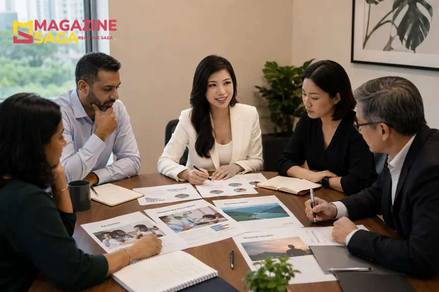 Foundation team reviewing grant proposals in a Singapore meeting room