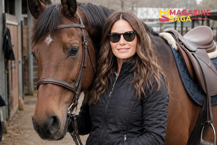 Canadian equestrian woman standing beside a horse in a quiet stable yard in natural light