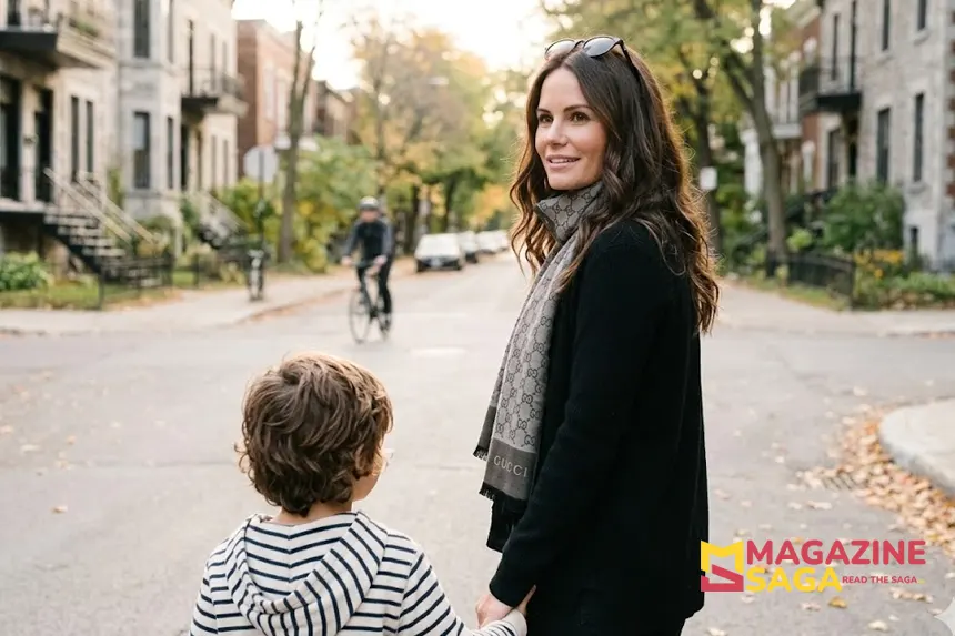 Woman and child walking through a quiet Montreal neighborhood in soft evening light