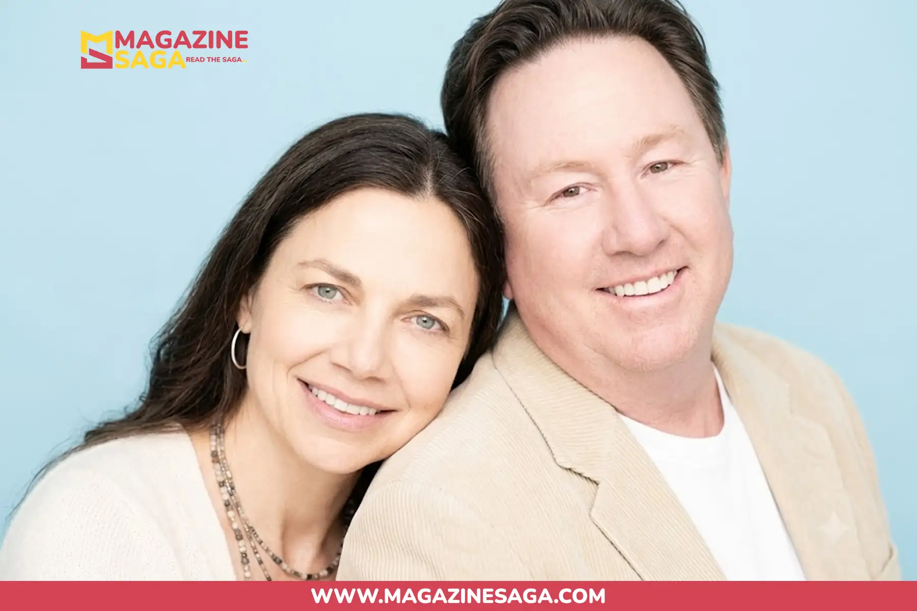 Justine Bateman and Mark Fluent smiling together in a close portrait photo