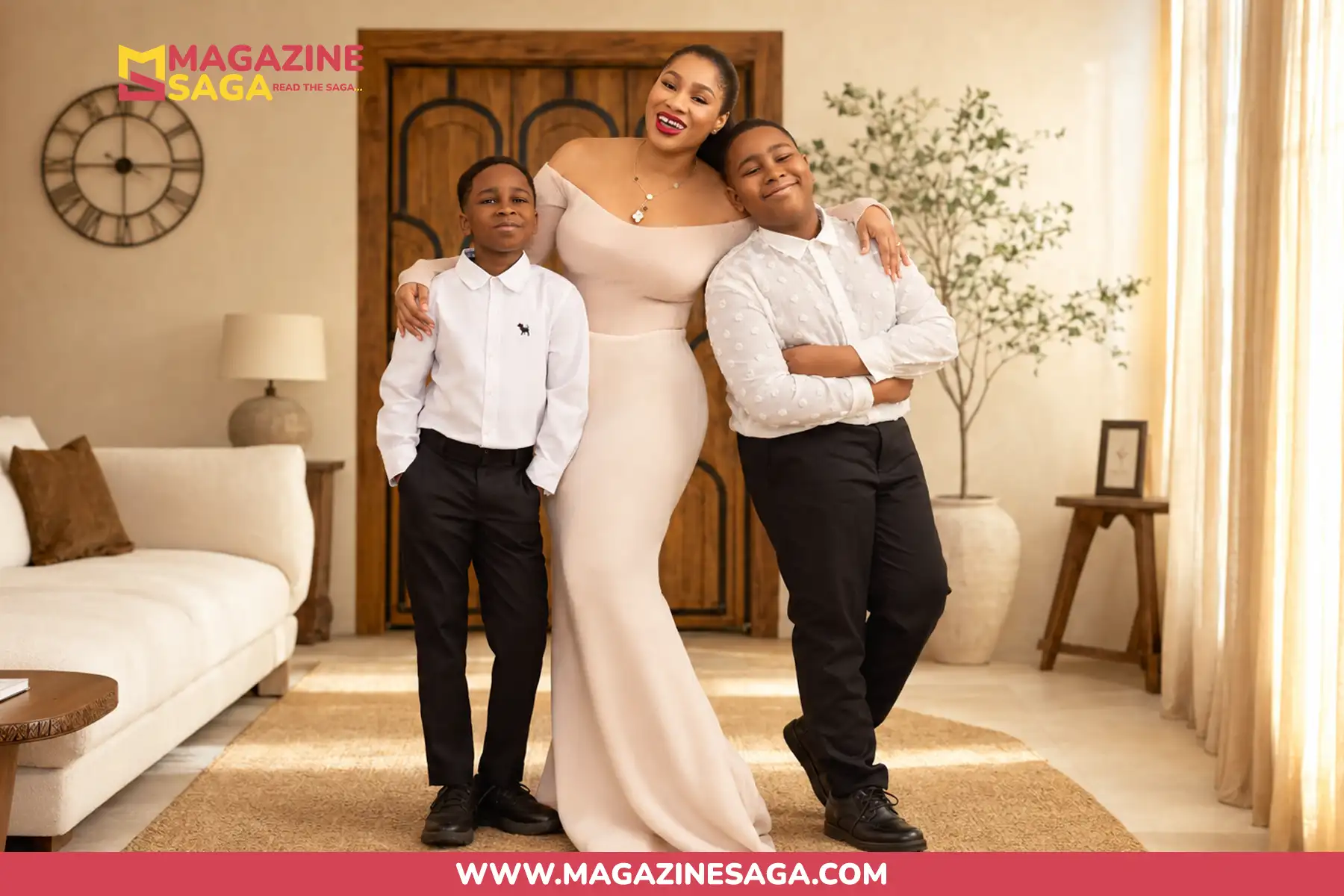 Sandra Onyenucheya smiles with her two sons in a warm, neutral-toned living room portrait.