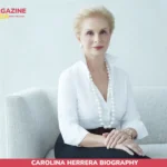 Carolina Herrera biography portrait, seated in white blouse and pearl necklace