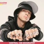 Central Cee biography photo, rapper in black bucket hat with "Can't Rush" knuckle rings