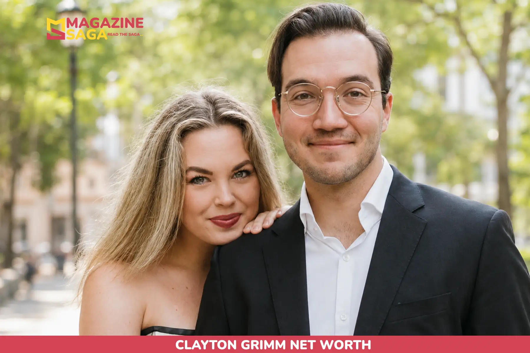 Clayton Grimm Net Worth in glasses and blazer with Bella Grimm on tree-lined street