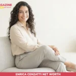 Woman with curly hair seated in armchair, featured graphic for Enrica Cenzatti net worth article
