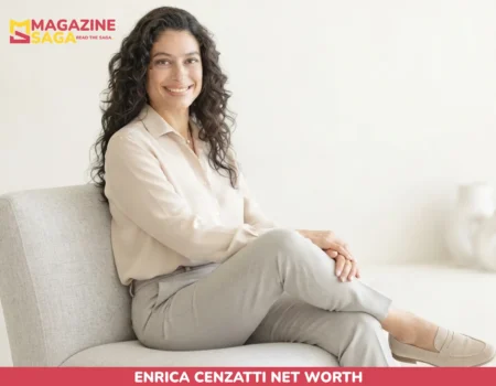 Woman with curly hair seated in armchair, featured graphic for Enrica Cenzatti net worth article