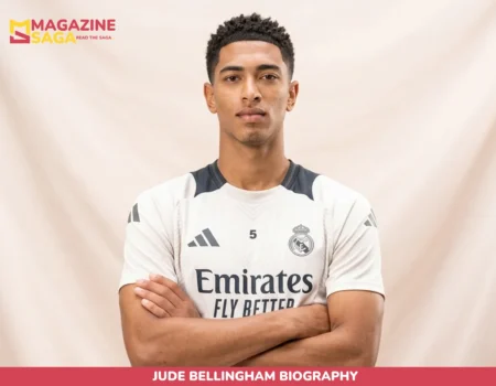 Jude Bellingham in Real Madrid home kit, arms crossed, studio portrait