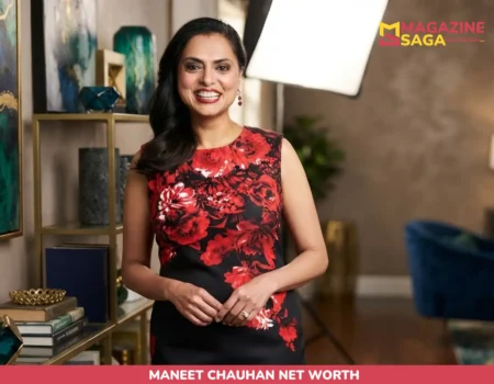 Maneet Chauhan smiling in floral dress during studio portrait session