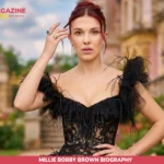 Millie Bobby Brown Biography photo in black lace gown at garden estate