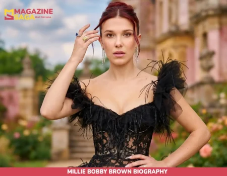 Millie Bobby Brown Biography photo in black lace gown at garden estate