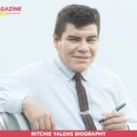 Ritchie Valens biography portrait style, young man in pompadour, light blue shirt, brown tie, holding pen