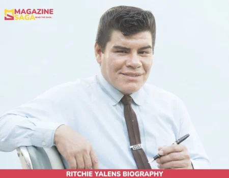 Ritchie Valens biography portrait style, young man in pompadour, light blue shirt, brown tie, holding pen