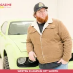 Westen Champlin Net Worth photo beside a lifted green Dodge Challenger