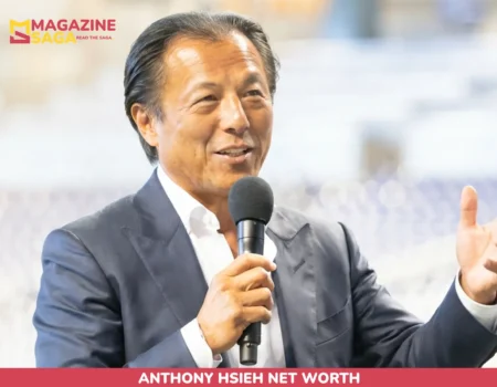 Anthony Hsieh speaking into a microphone for the net worth article