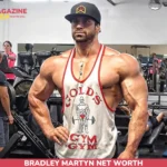 Bradley Martyn net worth wearing a Gold's Gym tank top on a gym floor for the Bradley Martyn article