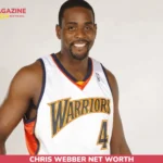 Chris Webber net worth portrait in Warriors jersey holding a basketball