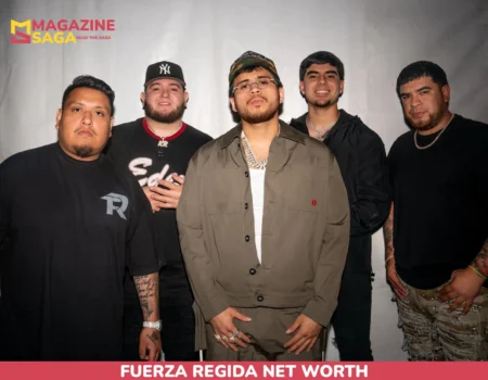 Five men in streetwear backstage, used for Fuerza Regida net worth article