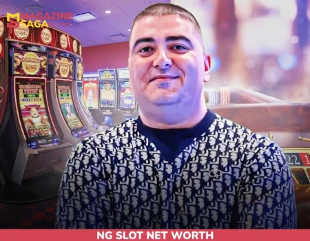 NG Slot net worth article image, man in patterned shirt against composited casino backdrop