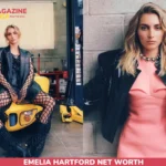 Emelia Hartford Net Worth feature - beside a striped sports car and in a studio portrait