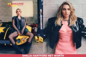 Emelia Hartford Net Worth feature - beside a striped sports car and in a studio portrait