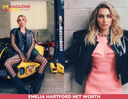 Emelia Hartford Net Worth feature - beside a striped sports car and in a studio portrait