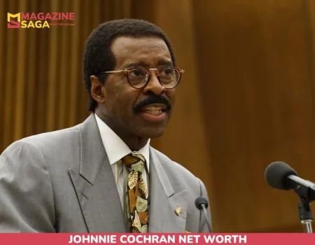 Johnnie Cochran net worth article portrait: man in gray suit and round glasses speaking at a podium